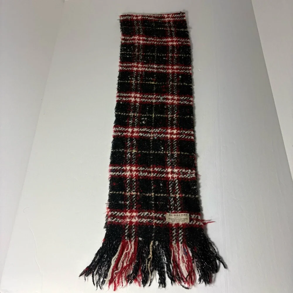 Burberry London Nova Check Black Red Merino Wool Blend Fringe Scarf - Picture 5 of 10